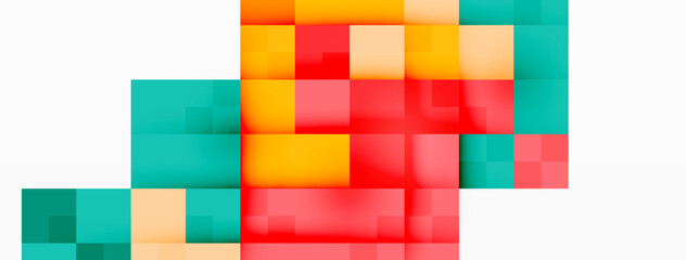 Colorfulness shines through in this pixel art featuring a symmetrical pattern of red, yellow, and green squares on a white background. Tints of magenta and electric blue add to the vibrant display