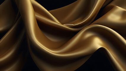 Abstract gold silk fabric flowing mid air on dark empty space background. Luxurious textile material backdrop. Generative AI.