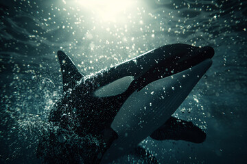 Wall Mural - A wild killer whale swims through the blue ocean