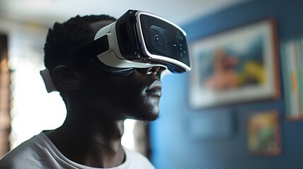 Wall Mural - African boy feels happy playing with VR glasses