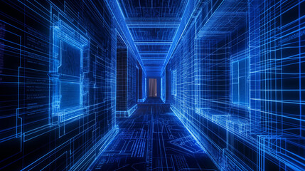 Wall Mural - digital cyberspace with particles and digital data network connections concept.