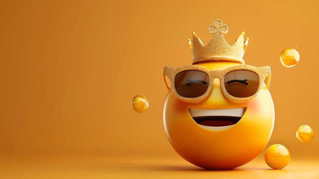 Smiling cool emoji with glamorous golden sunglass and a royal crown brown background