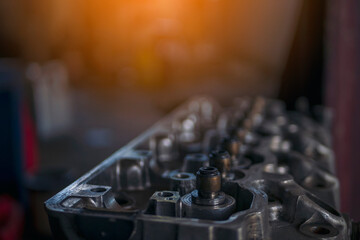 Wall Mural - Mechanic tools engineering equipment car auto repair shop with copy space. Blurred background mechanical service. Heavy screw grungy rusted wrenches dirty screwdriver object. Industrial hardware set