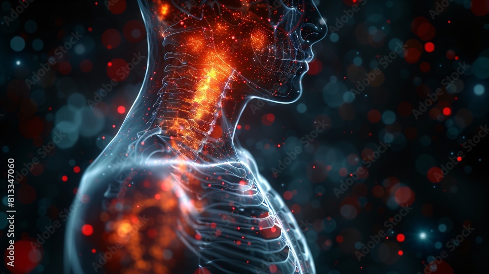 A digital visualization of the human neck and spine with glowing red ...