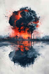 Wall Mural - Explosive Nuclear Disaster Aftermath with Raging Flames and Billowing Smoke Reflected in Tranquil Waters