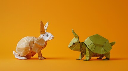 Wall Mural - tortoise and the hare Origami on orange background