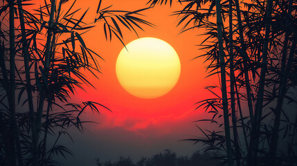 Wall Mural - Bamboo trees silhouette against sun at sunset or sunrise. Summer and Asian wallpaper with copy space.