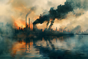 Poster - Futuristic Industrial Landscape with Polluting Factories and Mitigating Carbon Capture Technologies