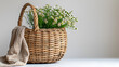 basket on a table,
A wicker basket is featured in a copy space imag