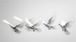 flock of flying birds,
A group of pigeons flying in the sky on a white 