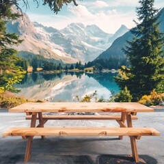 Wall Mural - empty tabletop for product display in camper van trailer parking lot with picnic table and mountain water landscape, 