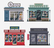 Set of retro bookstore facade detailed with modern small buildings