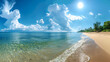 Tropical Beach Panorama Seascape with a Wide Horizon, Serene Coastal Landscape, Relaxing Vacation Getaway, Beachfront Paradise, Generative Ai

