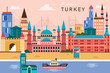 Turkey skyline concept flat vector illustration,Travel to Turkey concept with skyline and famous buildings landmark