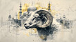 Eid Al Adha Festival, Eid Qurban, Islamic Festival, Muslim's Celebration, World Religious Day, pencil-drawn logo with a Sheep's head with golden horns in profile on a white background and a Mosque