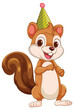 Cartoon squirrel in a festive party hat smiling