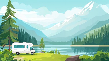 Wall Mural - camper van driving through pine tree forest and river lake landscape, 