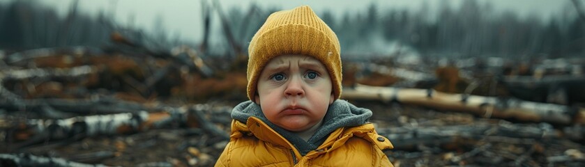 The sorrowful expression of a crying baby, set against a background of deforestation and clearcutting, depicting the loss of biodiversity and habitat due to climate change 8K , high-resolution, ultra 