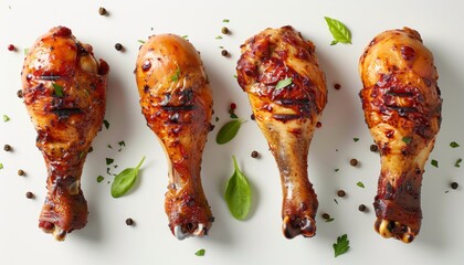 Wall Mural - food photography of four grilled chicken drumsticks