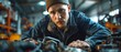 © ธนากร บัวพรหม - An auto mechanic expertly works under a car hood, finetuning the engine for optimal performance in a workshop filled with tools and spare parts 8K , high-resolution, ultra HD,up32K HD