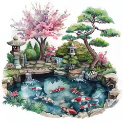 Wall Mural - Watercolor painting of a tranquil Japanese garden with koi ponds, cherry blossoms, and bonsai trees, on isolated white background, Generative AI