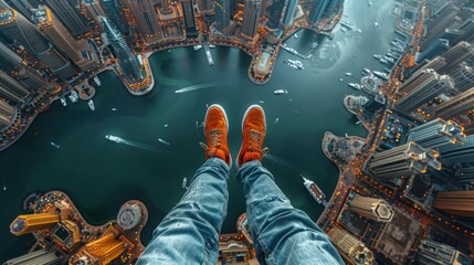 From the safety of a helicopter, the photographer leans out into the void, capturing vertigo-inducing images of skyscrapers below