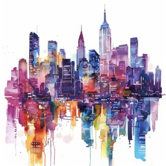 Watercolor painting of a vibrant city skyline with towering skyscrapers and bustling streets below, on isolated white background, Generative AI