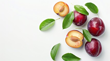 Wall Mural - fresh red plum and half with leaves isolated on white background with copy space for your text  