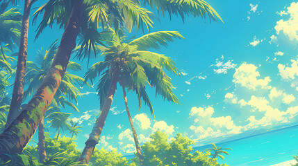 Wall Mural - illustration of coconut trees heading to the beach, summer day