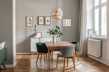 Wall Mural - Interior design of a small family dining room, Green chairs, wooden table, panel wall, beautiful light, and picture frame on the wall.