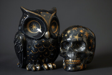 Wall Mural - Black Porcelain Owl and Black Porcelain Skull Sculptures, with painted gold stars details