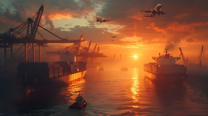 Wall Mural - Logistics global technology transportation concept, Container Cargo ship and Cargo plane with working crane bridge in shipyard at sunrise, logistic import export and transport industry background
