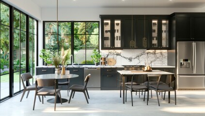 Interior design of a small family dining room, Grey chairs, wooden table, panel wall, beautiful light, and picture frame on the wall.