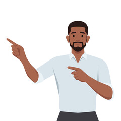 Wall Mural - Young black man looking at camera and pointing with two hands and fingers. Flat vector illustration isolated on white background