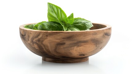 Wall Mural - Fresh basil leaf in wooden bowl isolated on white background with full depth of field 