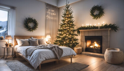 Wall Mural - Cozy bedroom with fireplace and beautiful christmas tree