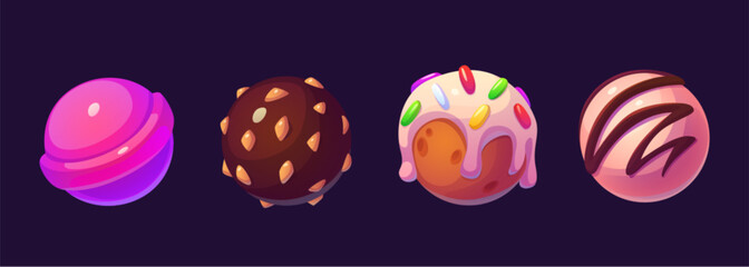 Wall Mural - Cute candy planet for fantasy game ui universe design. Cartoon vector illustration set of funny sweet dessert confectionery balls made of lollipop, ice cream, chocolate with nut chips, cake with icing