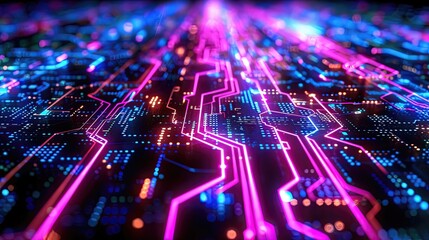 A computer chip with a purple and blue background