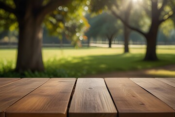 Empty wooden table in a coffee tree farm with a sunny, blur garden background with a country outdoor theme. Generative AI 