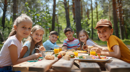 a cheerful group of kids enjoying a fun picnic together at a wooden table in a sunlit forest. ideal 