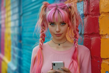 On a colorful street wall, a hipster teen girl with pink pigtails uses her smartphone.