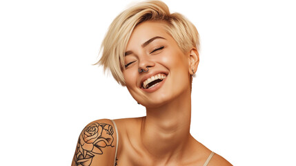 Smiling blond pretty happy girl beauty female generation z tattooed model with short blonde hair transparent, isolated on white. PNG.