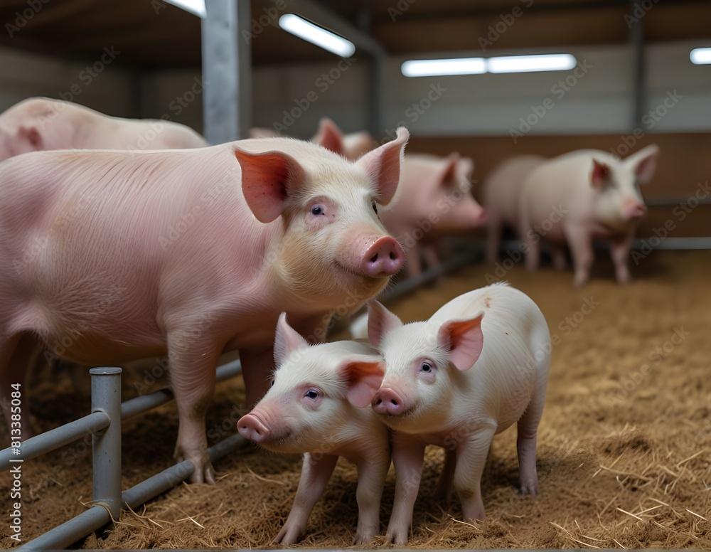 Curious pigs in Pig Breeding farm in swine business in tidy and clean indoor housing farm, with pig mother feeding piglet.