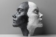 © Arveniq - Dual-face sculpture, black and white, cracked texture, symbolizing bipolar disorder. Concept: bipolar disorder.