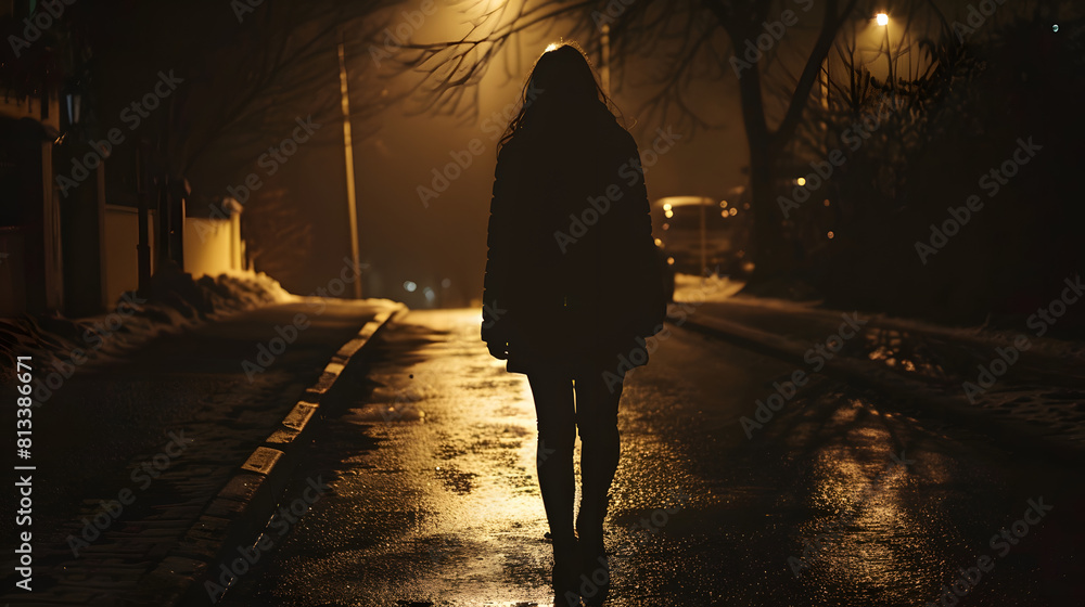 Silhouette of a woman walking alone on a dimly lit, foggy street at ...