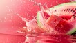 © puji - Watermelon pieces with a splash of water captured in high detail against a vibrant red background, highlighting freshness and vitality