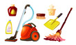 Household supplies collection. Cartoon vector illustration set of home cleaning tools and detergents - vacuum cleaner and broom stick, dustpan and brush, plastic bottle with washing agent and wipes.