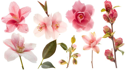 Wall Mural - Set of winter blooms including camellia, hellebore, and witch hazel, isolated on transparent background