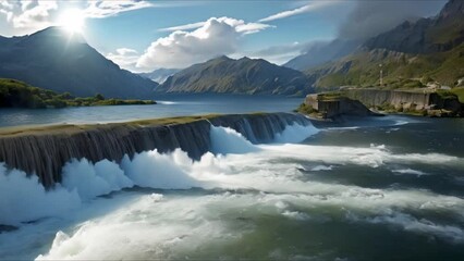 Wall Mural - Scenic Hydroelectric Dam Amidst Mountainous Landscape. Concept Beautiful Landscapes, Hydroelectric Power, Mountain Views, Engineering Wonders