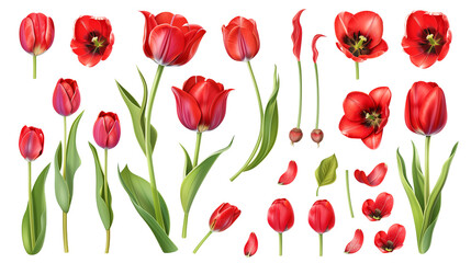 Set of tulip elements including tulip flowers, bulbs, petals, and leaves
